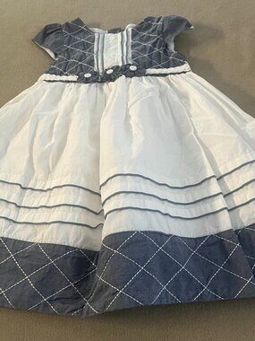 Donita Toddler Girl White & Blue Lining Dress Short Sleeves Size 24 Month